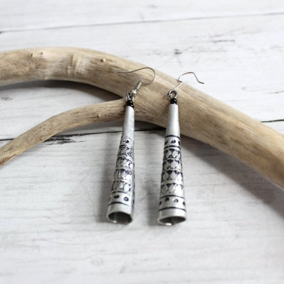 Handcrafted Women's Dangle Earrings Artisan Jewelry Stamped Silver Black - Picture 2 of 5